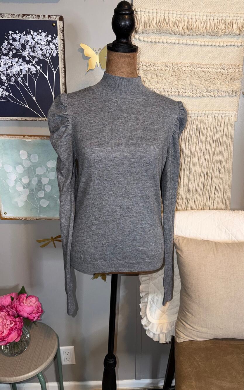 Express Women’s Medium Gray Mock Neck Puff Sleeve Sweater NWT $78